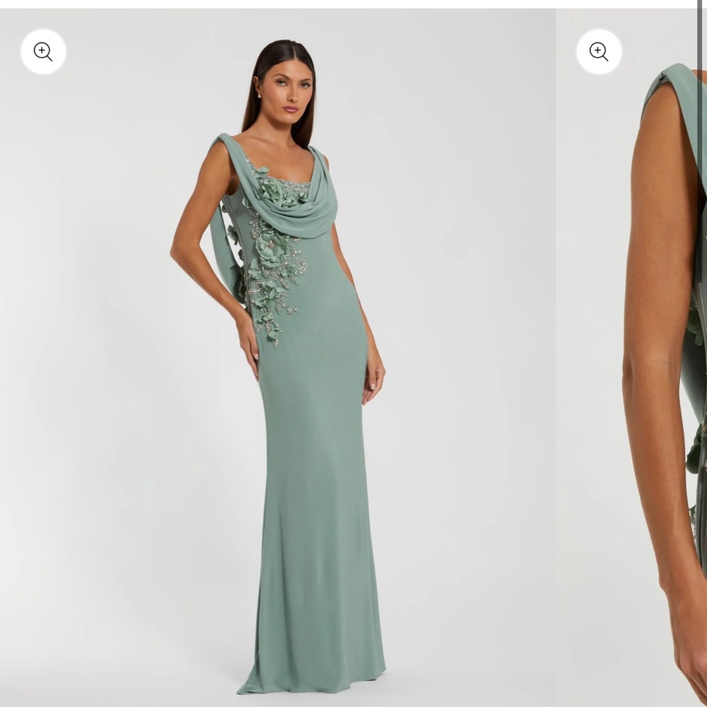 Mac Duggal Sleeveless 3D Flower Detailing Cowl Neck Gown Sage